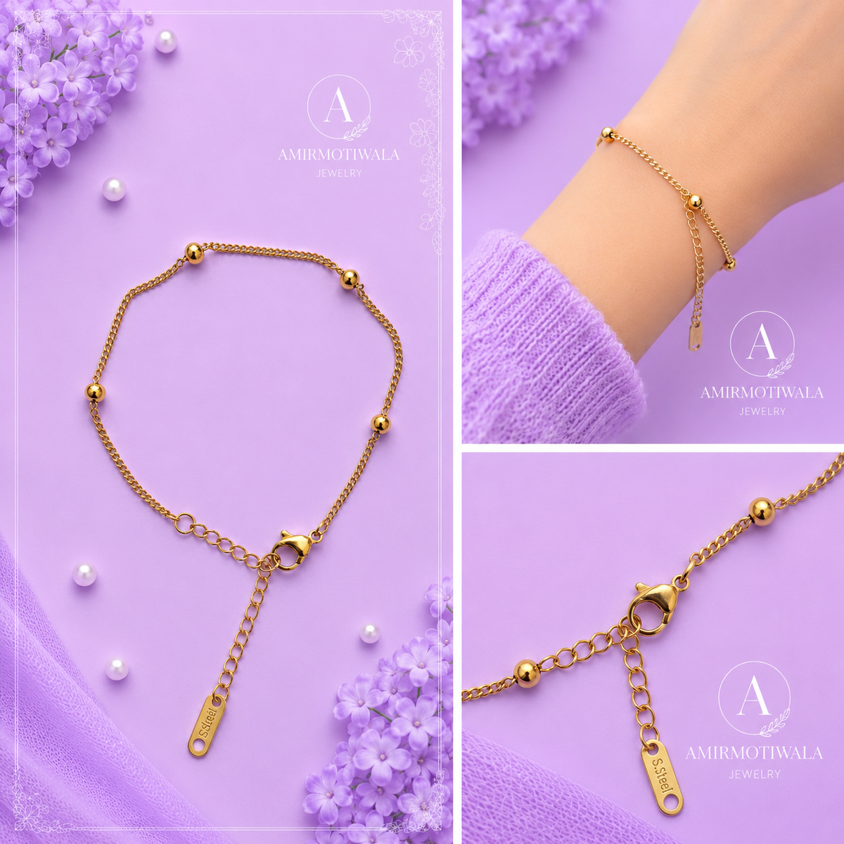 Stainless Steel Gold Beaded Chain Bracelet