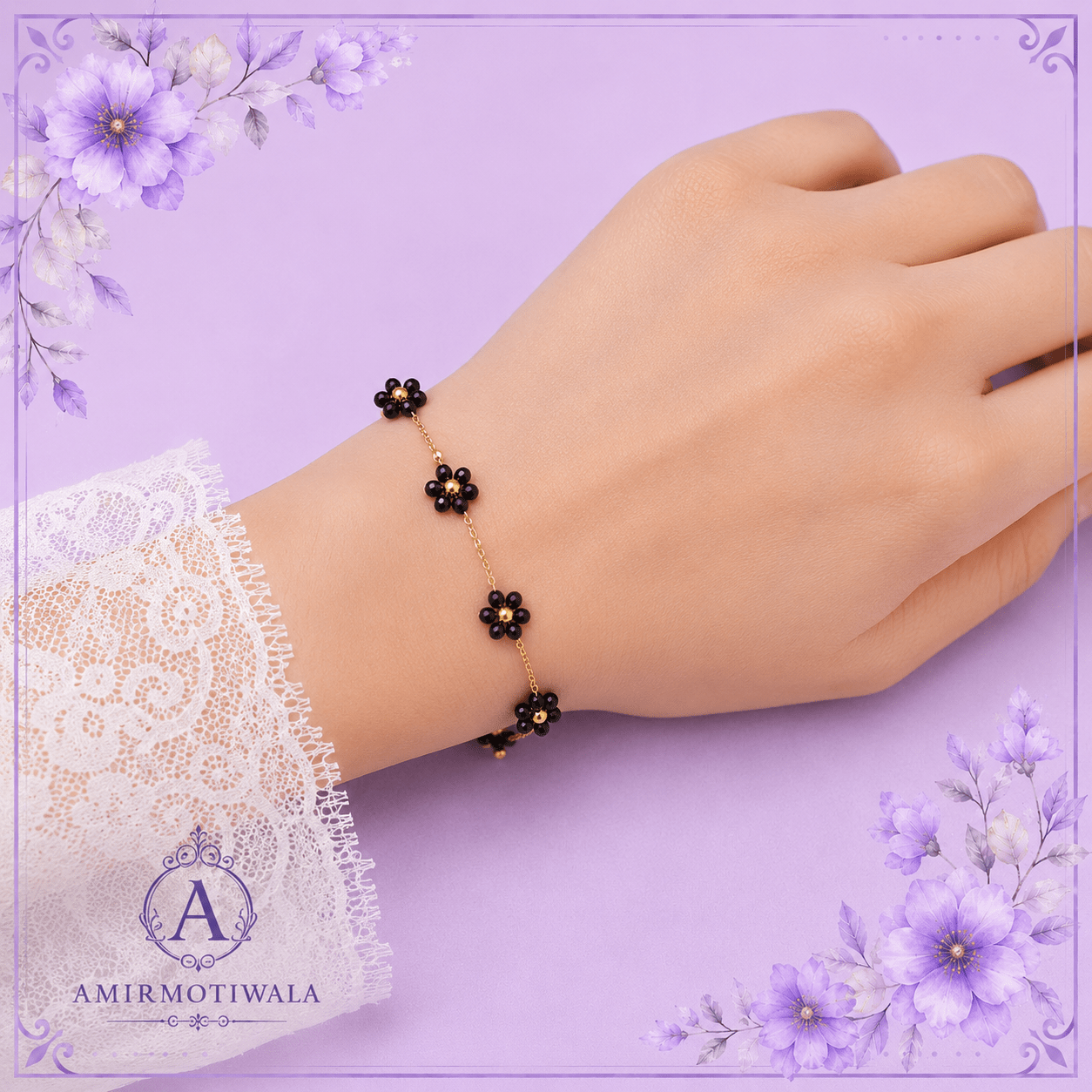 Black Flower Gold Rosary Chain stainless