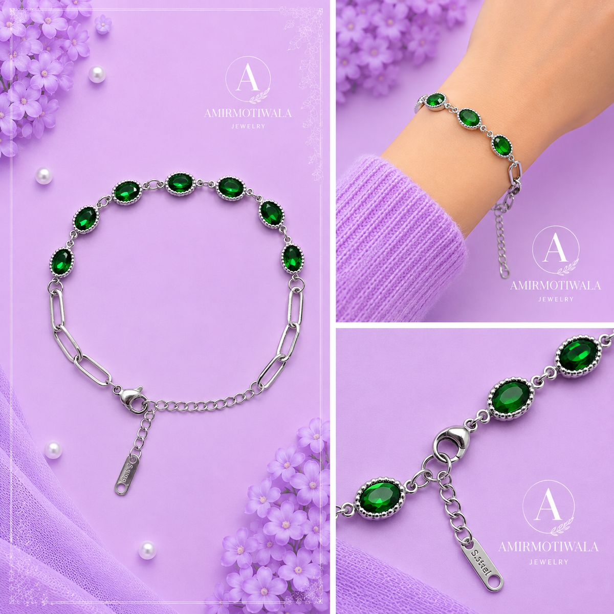 Stainless Steel Green Crystal Link Bracelet