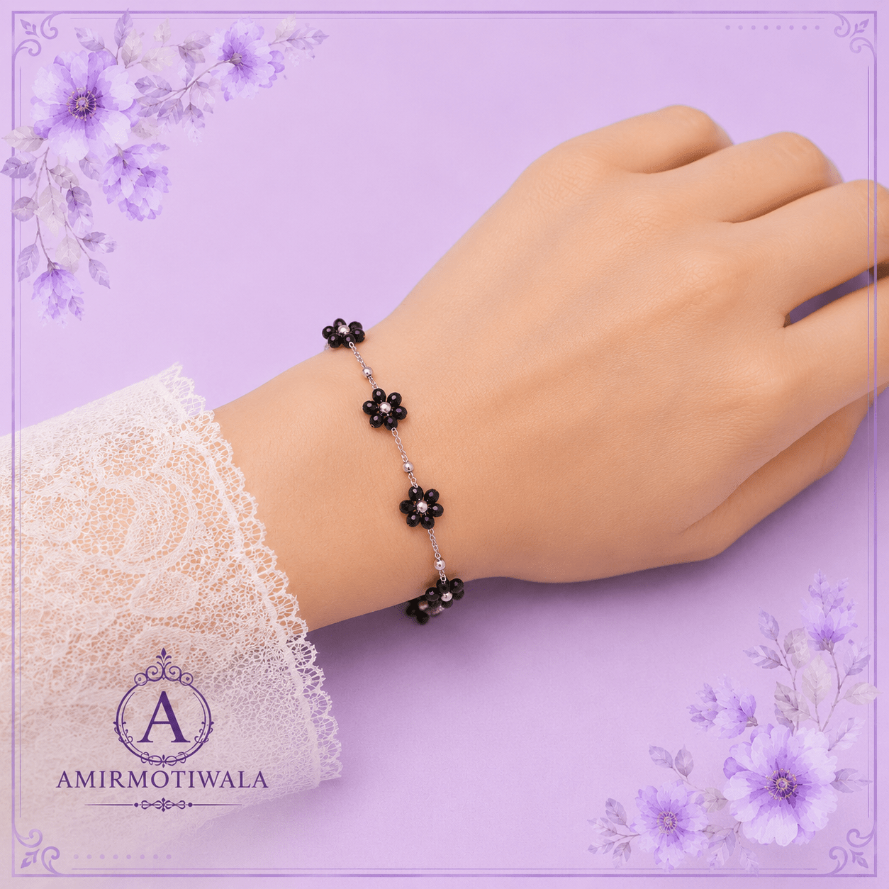 Black Flower Silver Rosary Chain