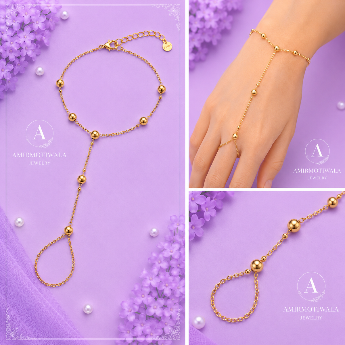 Stainless Steel Gold Beaded Ring Chain Hand Bracelet