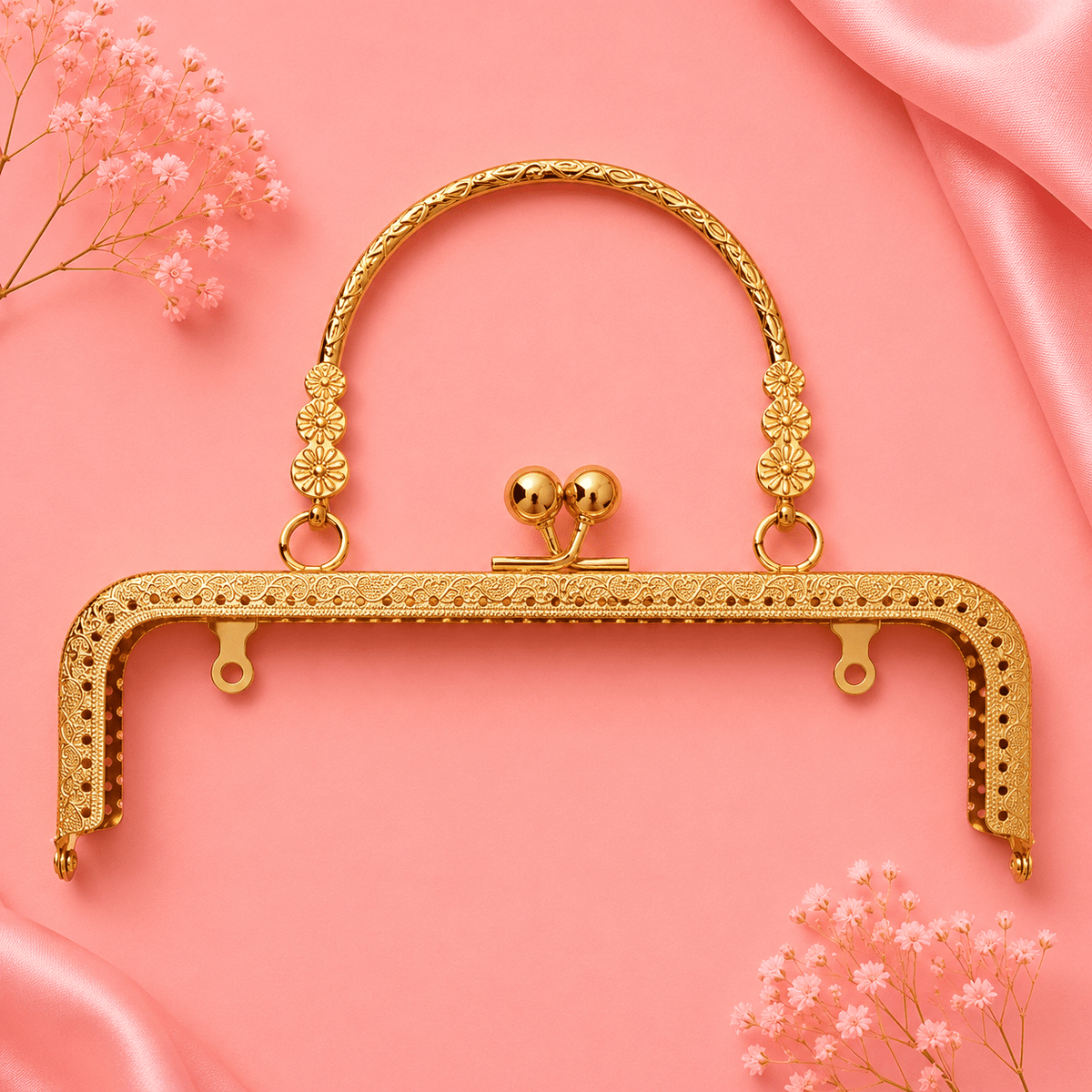 Vintage Gold Metal Clutch Purse Frame with Floral Handle – DIY Handbag Frame