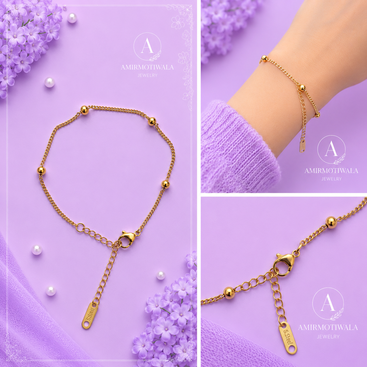 Stainless Steel Gold Beaded Chain Bracelet