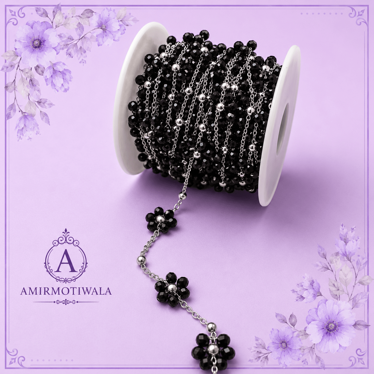 Black Flower Silver Rosary Chain