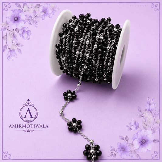 Black Flower Silver Rosary Chain
