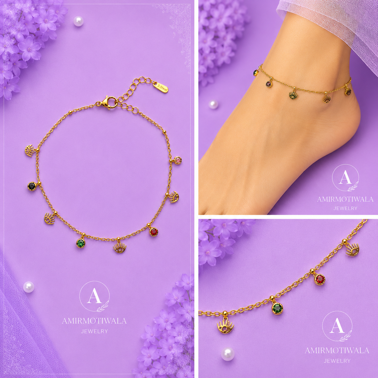 Stainless Steel Multicolor Crystal Charm Anklet
