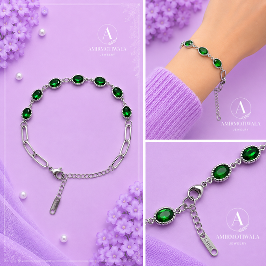 Stainless Steel Green Crystal Link Bracelet