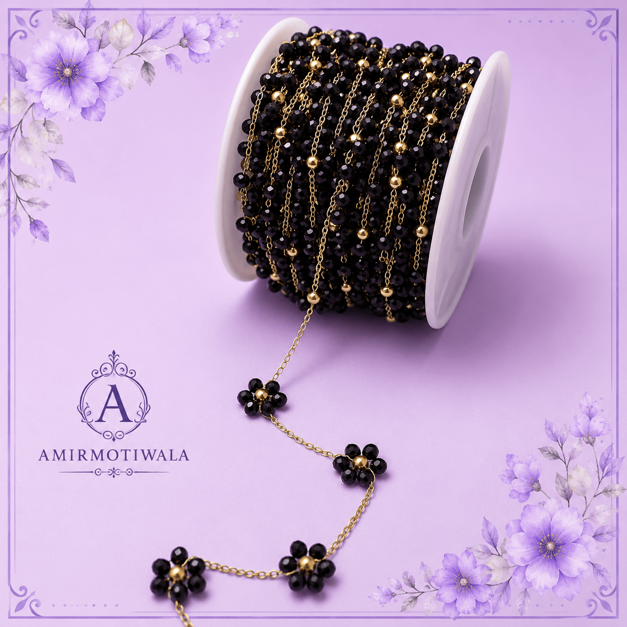 Black Flower Gold  Rosary Chain stainless
