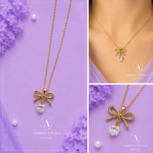 Stainless Steel Crystal Bow Drop Pendant Necklace