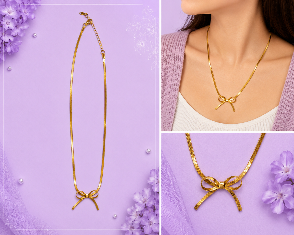 Stainless Steel Bow Pendant Snake Chain Necklace