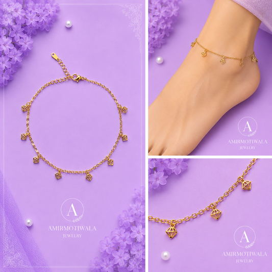 Stainless Steel Gold Diamond Charm Anklet