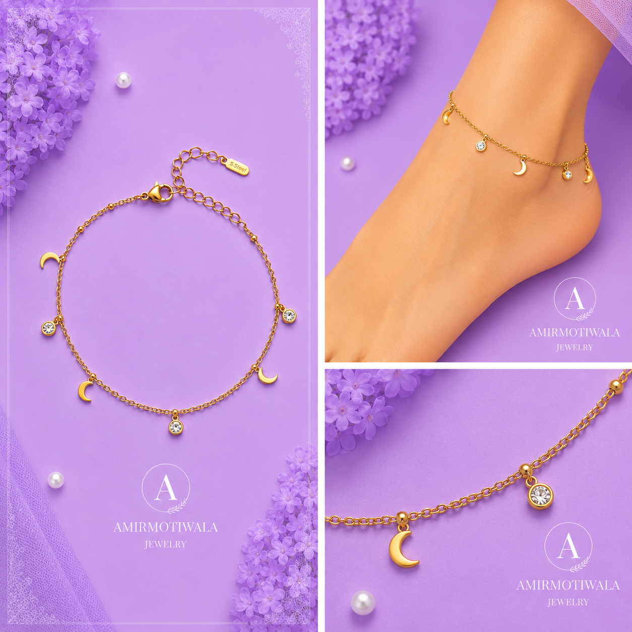 Stainless Steel Moon & Crystal Charm Anklet